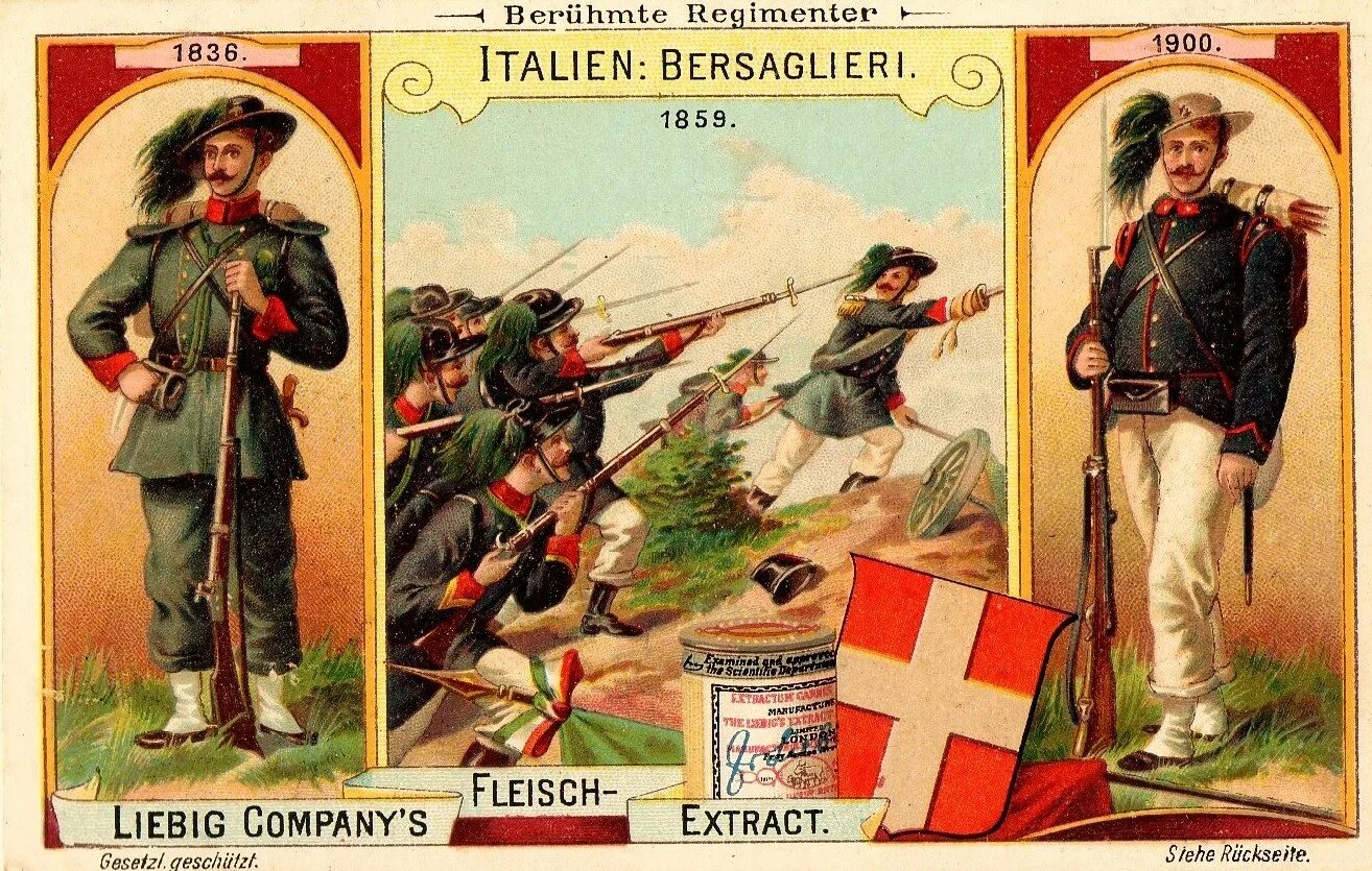 Берсальерский батальон. Bersaglieri. Военная форма Европы 1900. Engadine 1900 Card.