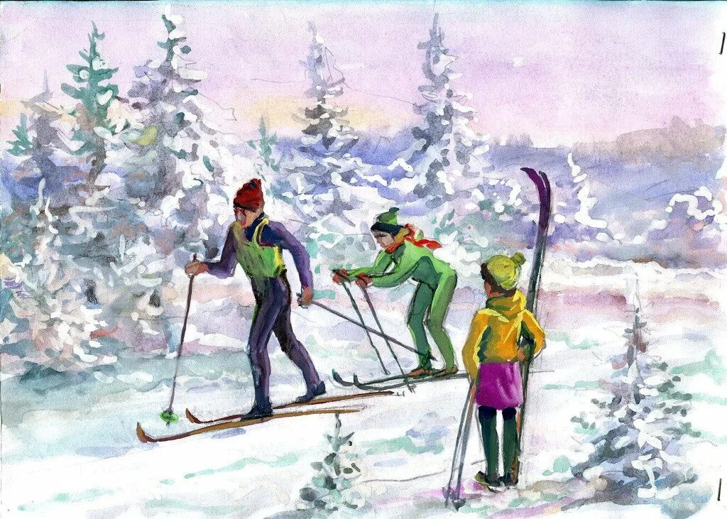 Картина лыжники. Зимние забавы лыжи. Лыжники живопись. Катание на лыжах в живописи.