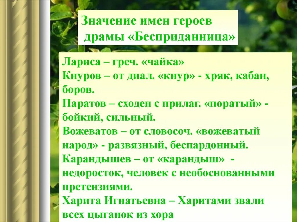 Значение названия произведения. Бесприданница имена героев. Бесприданница Островский герои. Значение имён в бесприданнице. Значение имен в пьесе Бесприданница.