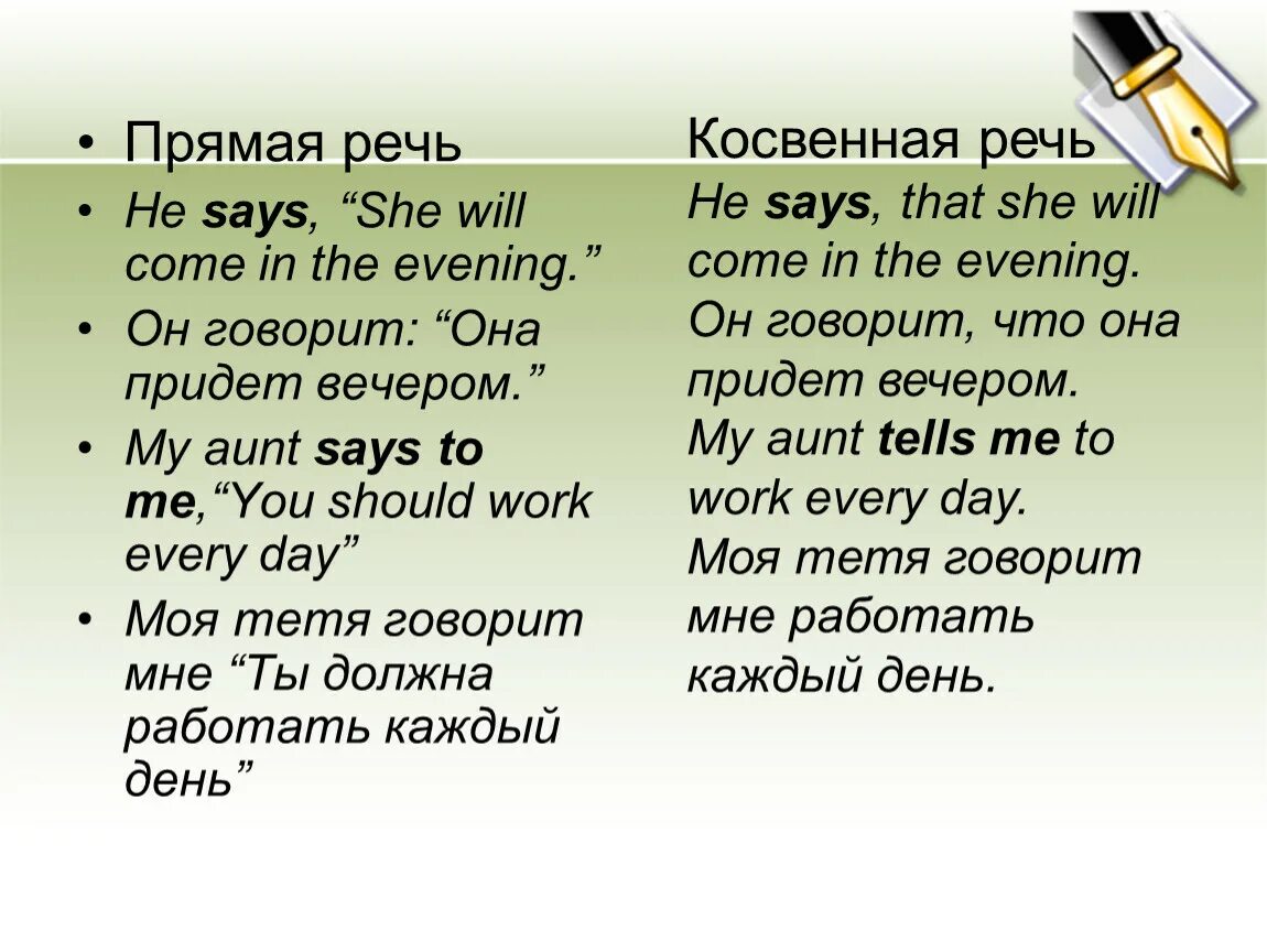 Косвенная речь she says that. Says в косвенной речи. Прямая речь и косвенная речь. Косвенная речь в английском. Косвенные слова в английском языке