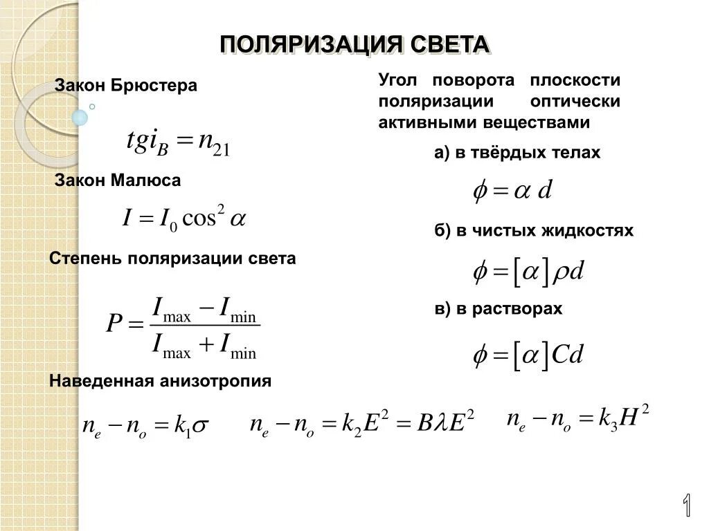 Формула для расчета угла поворота плоскости поляризации растворами. Степень поляризации. Закон Малюса.. Угол поворота плоскости поляризации. Формула угла вращения плоскости поляризации. Вращение угла поляризации