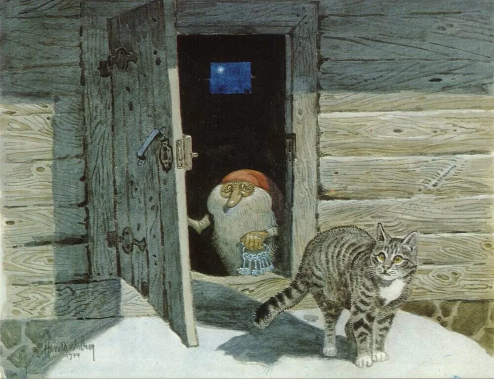 На крылечке кот впр. Художник harald wiberg. кошка в избе. изба с котиком. кот и домовой.