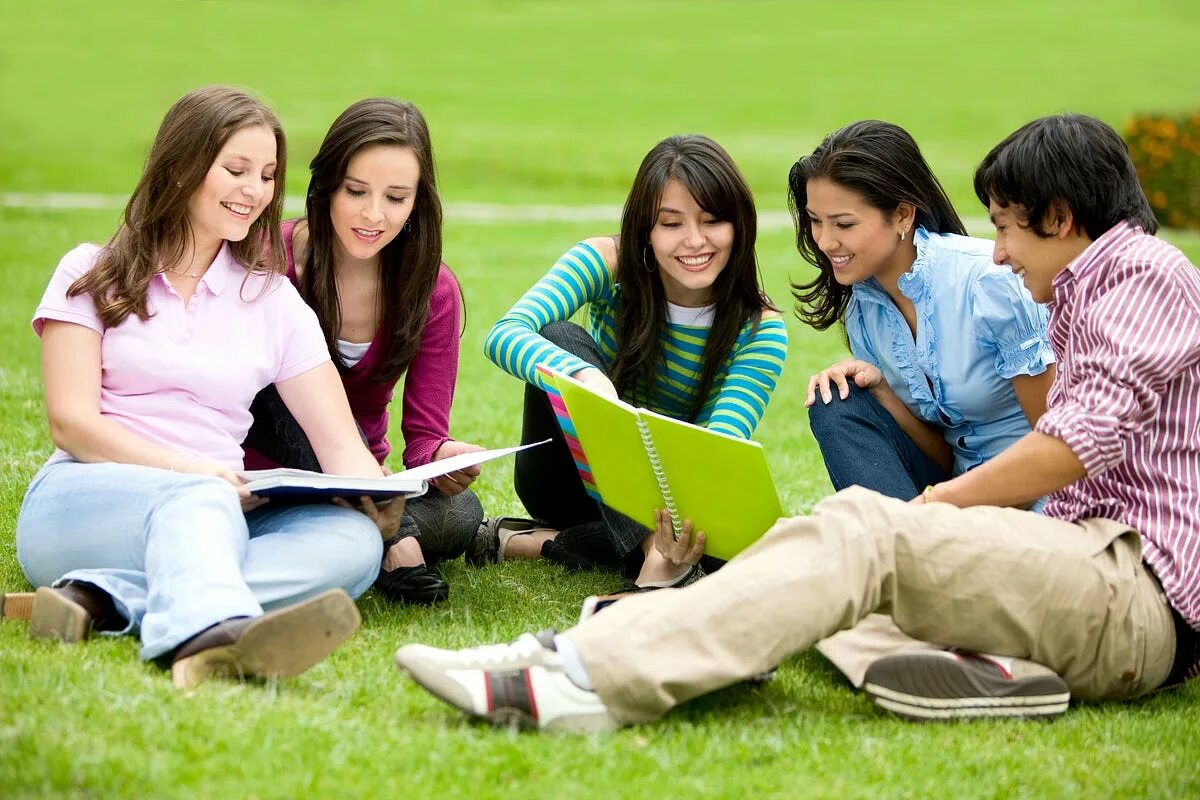 Course. Общение студентов. Группа людей на природе. Счастливые подростки в школе. Студенты на траве.