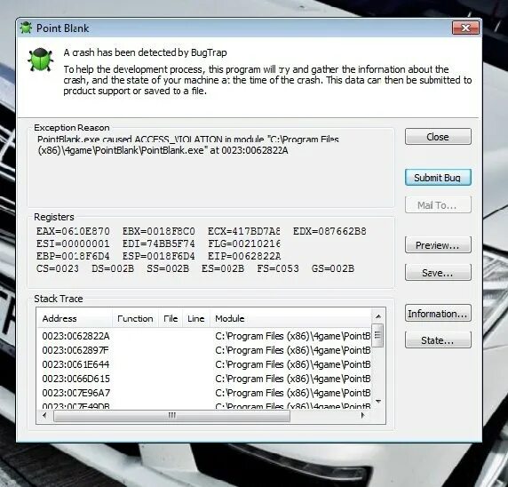 Почему вылетает карта. Поинт бланк краш. Трассировка сбоя поинт бланк. Что делать если игра постоянно вылетает. Абоут бланк.