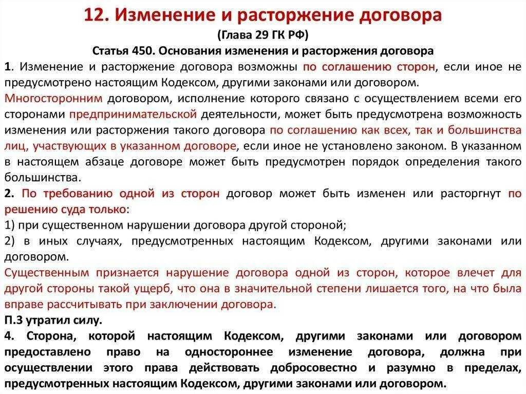 В течении какого времени можно расторгнуть договор. Образец порядок изменения или расторжения договора. Расторжение договора ГК РФ. Статья 450 ГК РФ. Основания прекращения договора статья.