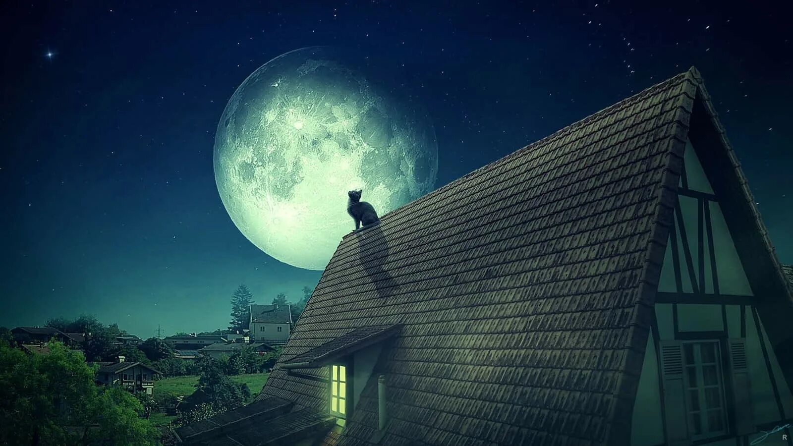 Домик на луне. Полнолуние. Луна над домами. Крыша ночь Луна. Ночь Луна дом.
