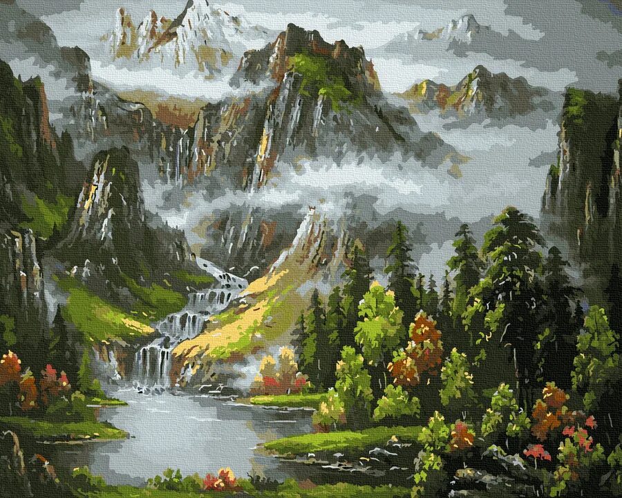 Картины пейзажи купить. Картины по номерам горный водопад. Пейзаж водопад. Горный пейзаж с водопадом. Горный сказочный пейзаж.