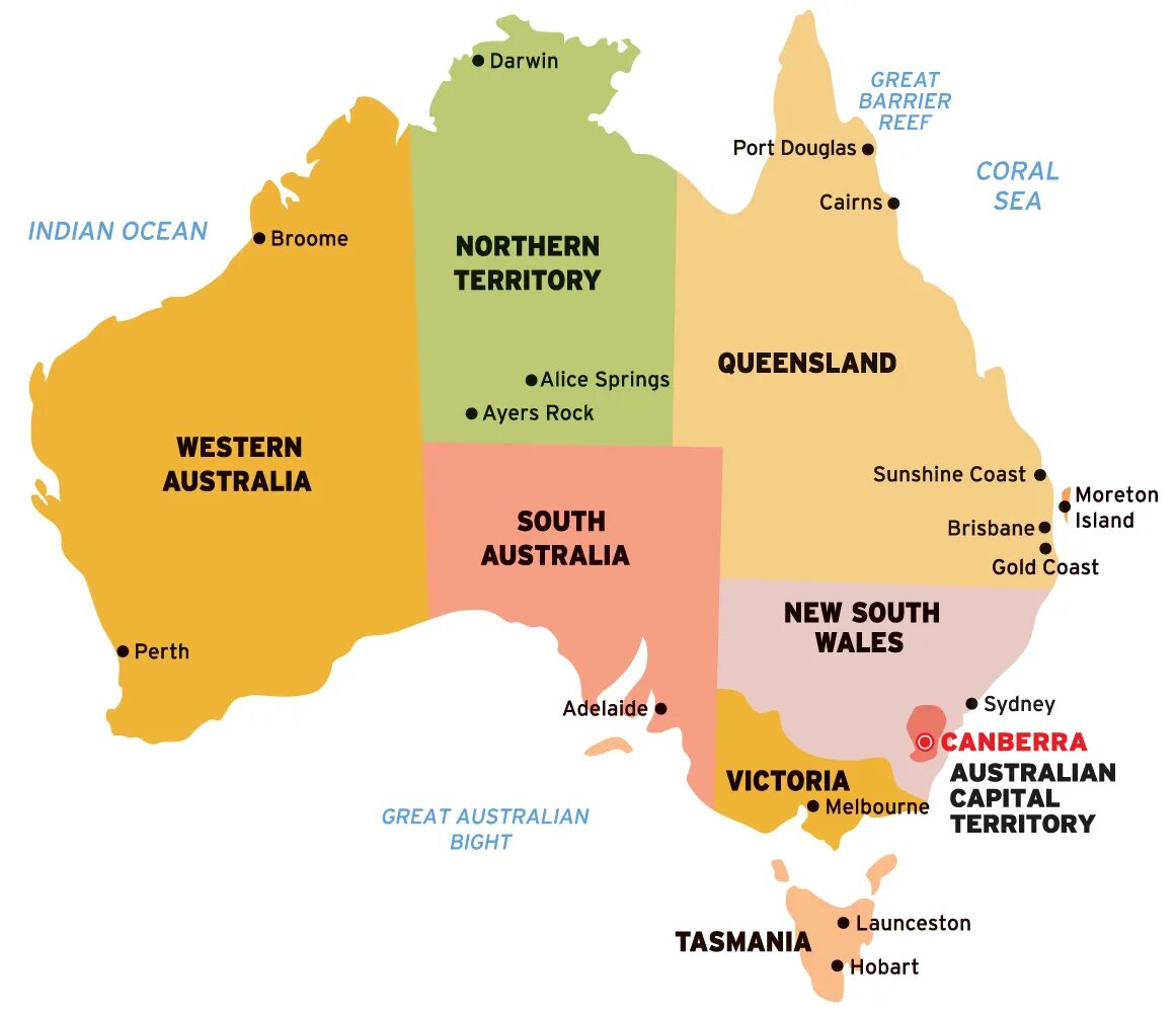 Карта Австралии с городами и Штатами. 6 Штатов Австралии на карте. Города Австралии на карте с территориями. Территория Австралии на карте.