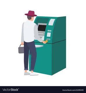 Man standing beside atm and inserting credit card vector image on VectorSto...