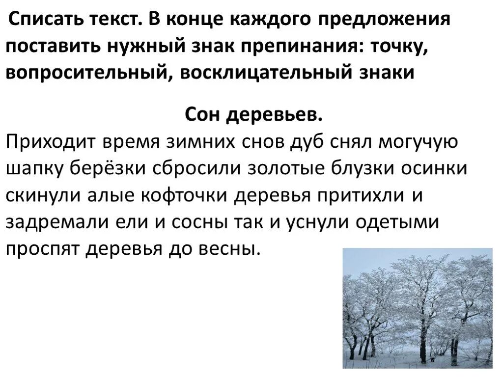 Списать текст. Поставь в конце каждого предложения нужный знак препинания. Знаки в конце предложения. Текст для списывания.