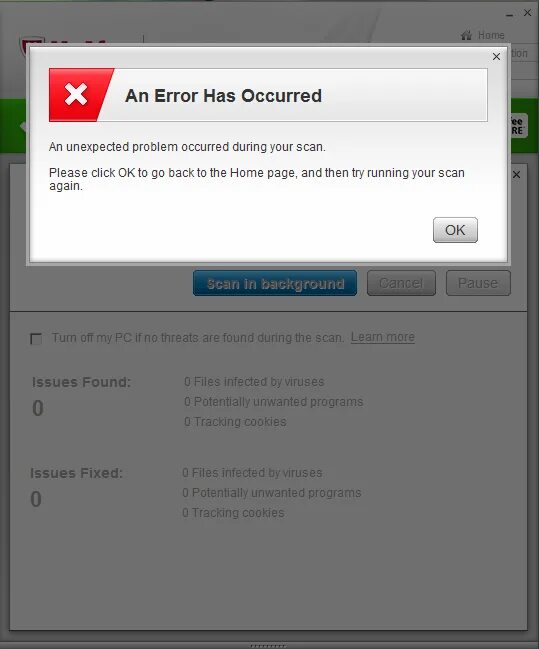 An Error has occurred. A problem occurred during scanning. An unexpected i/o Error has occurred. Как избавиться от unexpected Error has occurred. An error occurred during a connection