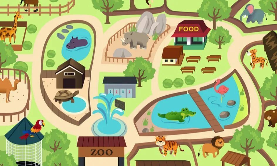 Карта мультяшная. Фон зоопарк для детей. Зоопарк вектор. Zoo Map Kids.