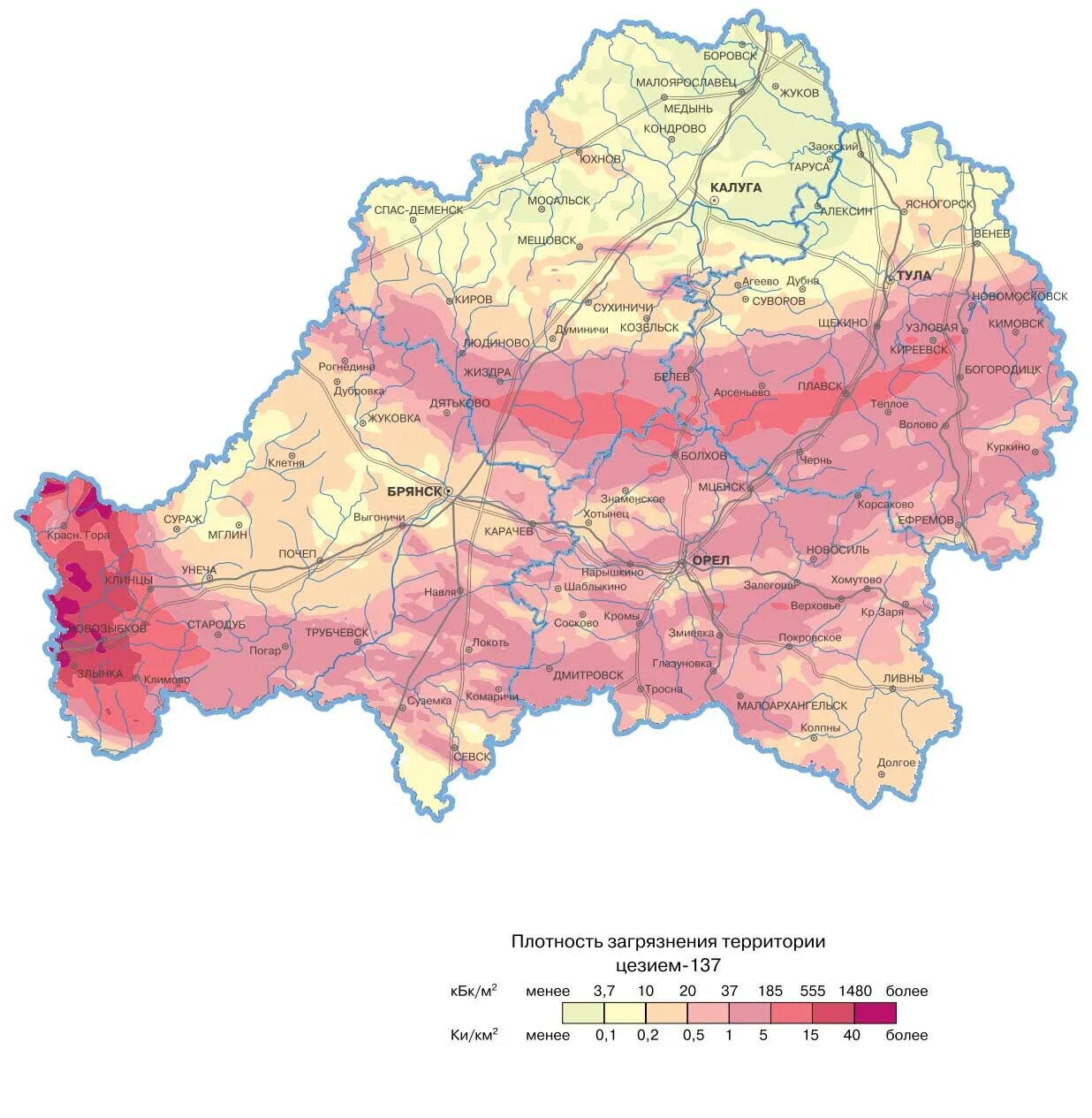 Радиоактивная карта. Карта радиационного заражения Брянской области. Карта радиационного загрязнения Брянской области. Чернобыльская зона в Тульской области карта. Зона заражения Чернобыльской АЭС В Тульской области.
