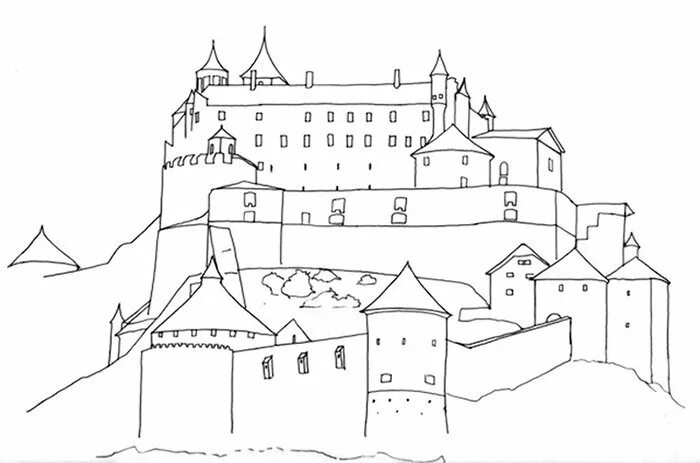 Эскиз средневекового города. Замок рисунок. Средневековый замок раскраска. Средневековый город рисунок.