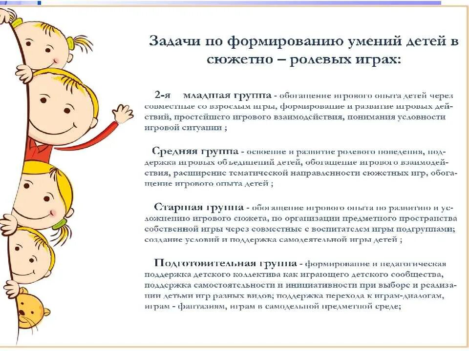 Роль игры в старшем дошкольном возрасте. Основная задача сюжетно-ролевой игры. задачи развития сюжетно-ролевой игры. цели и задачи сюжетно ролевой игры. задачи педагога в сюжетно ролевой игре.