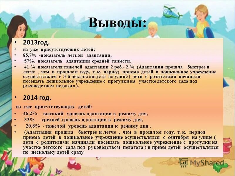 Адаптация заключение. Вывод по адаптации детей к детскому саду. Адаптация детей в детском саду вывод. Выводы по адаптации детей. Вывод по адаптации детей в ДОУ.