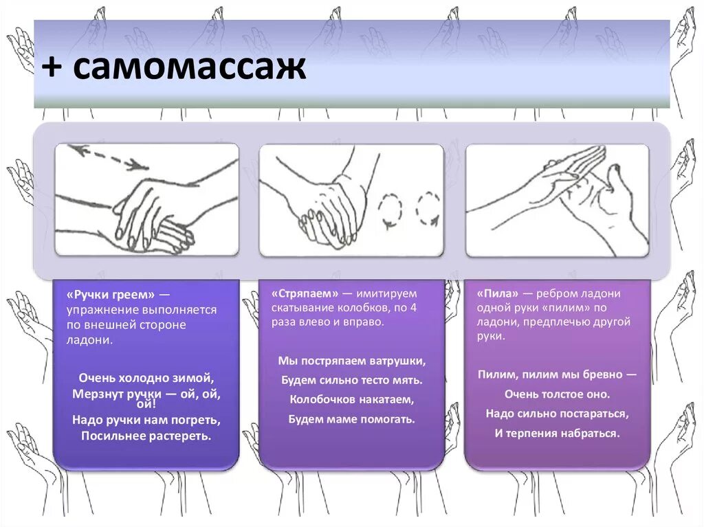 Греем ручки. Элементы самомассажа. Самомассаж рекомендации и упражнения. Самомассаж таблица. Разновидности самомассажа.