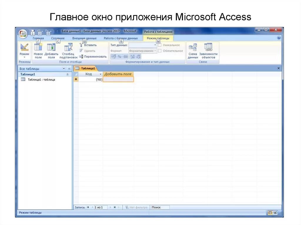 Access n. Окно приложения MS access. Окно база данных в access 2007. Интерфейс программы СУБД MS access 2007. Структура окна MS access.