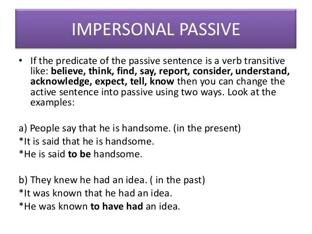 Reported passive. Impersonal passive constructions таблица. personal impersonal passive constructions. пассивный залог безличные и личные конструкции. personal and impersonal passive constructions правила.