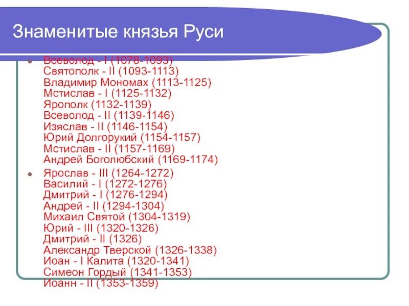 Князья Руси. Знаменитые князья. Известные князья Руси.