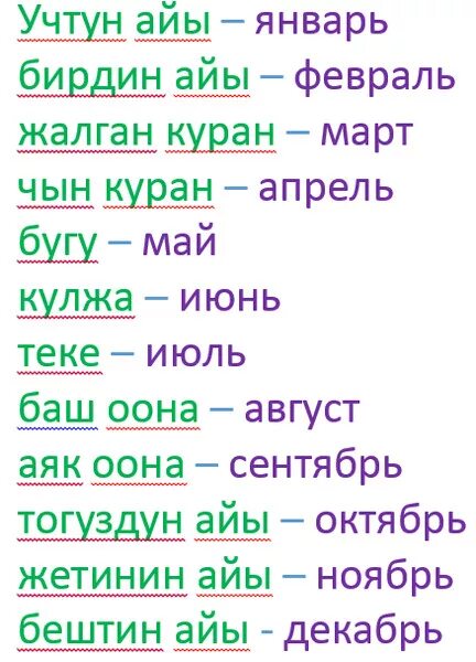 Татарски на 10 дней. Месяца на кыргызском языке. Название месяцев. Месяца на татарском. Название месяцев на кыргызском языке.