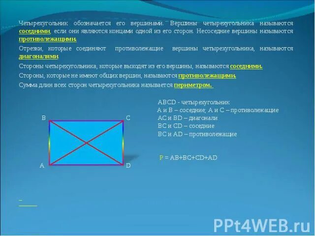 Как обозначается диагональ. Вершины четырёхугольника называются соседними. Вершины четырехугольника. Соседние вершины прямоугольника это. Смежные стороны четырехугольника.