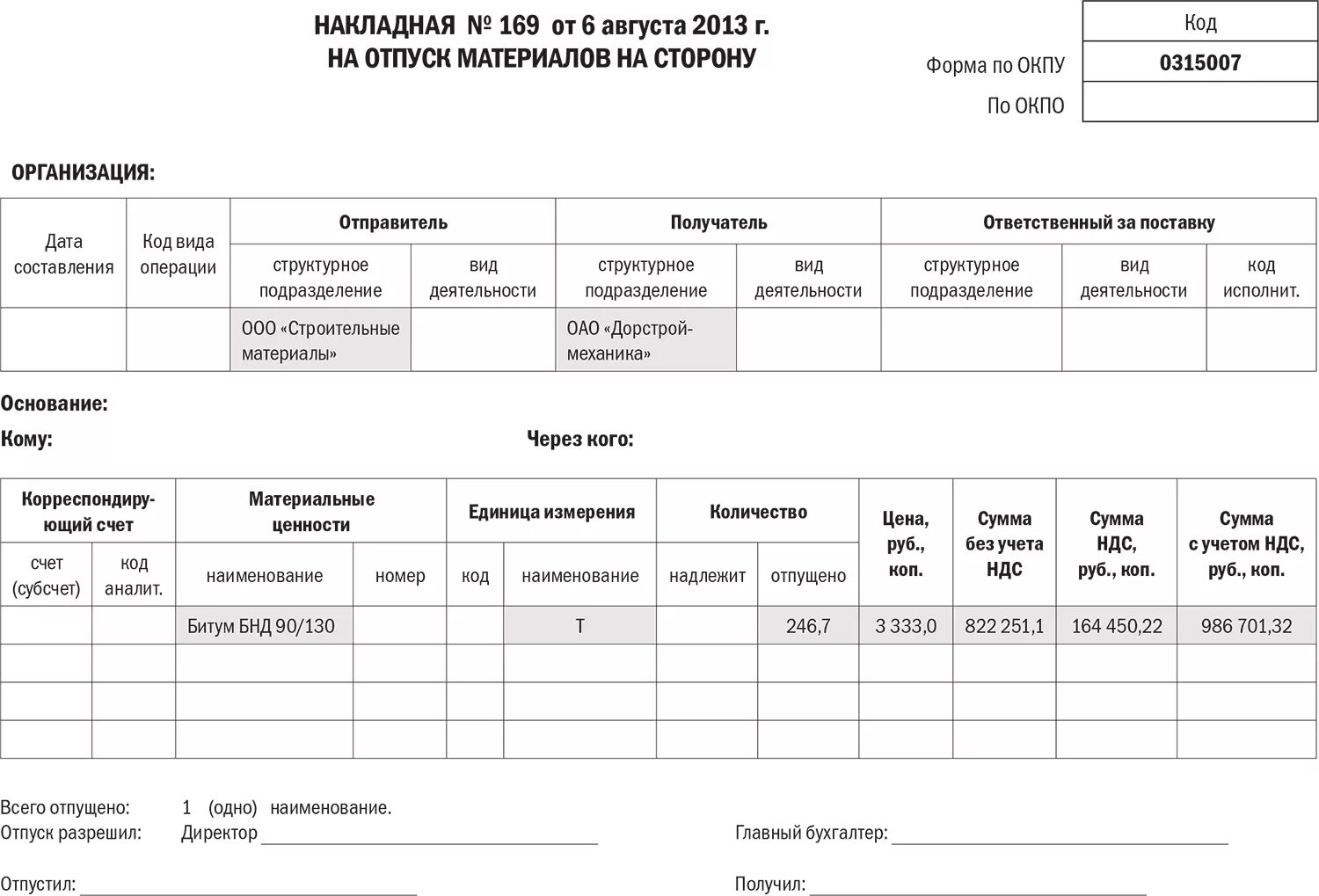 Накладная форма по ОКУД 0315007. Накладные на отпуск материалов со склада. Накладной на отпуск материалов на сторону (форма №м-15). Накладная на отпуск материалов на сторону.