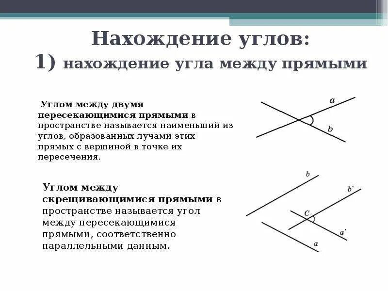 Как найти угол скрещивающихся. Как определить угол между пересекающимися прямыми. Как определить угол в пространстве. Как определить угол между прямой. Угол между двумя скрещивающиеся прямые.