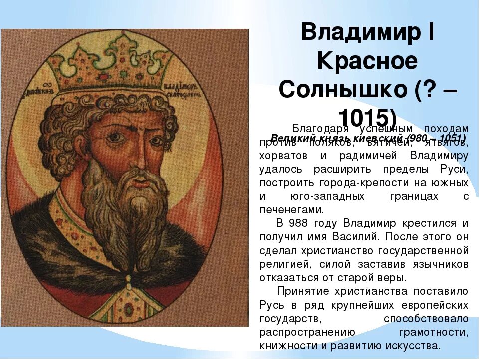 Кем был отец владимира. Сообщение о Владимире красное солнышко. Князь красное солнышко рассказ.