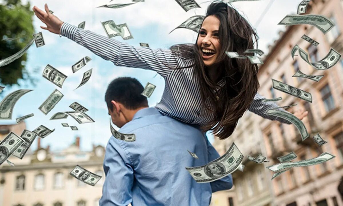 Счастье в деньгах. Мужчина женщина деньги. Счастливый человек с деньгами. Счастье от денег.