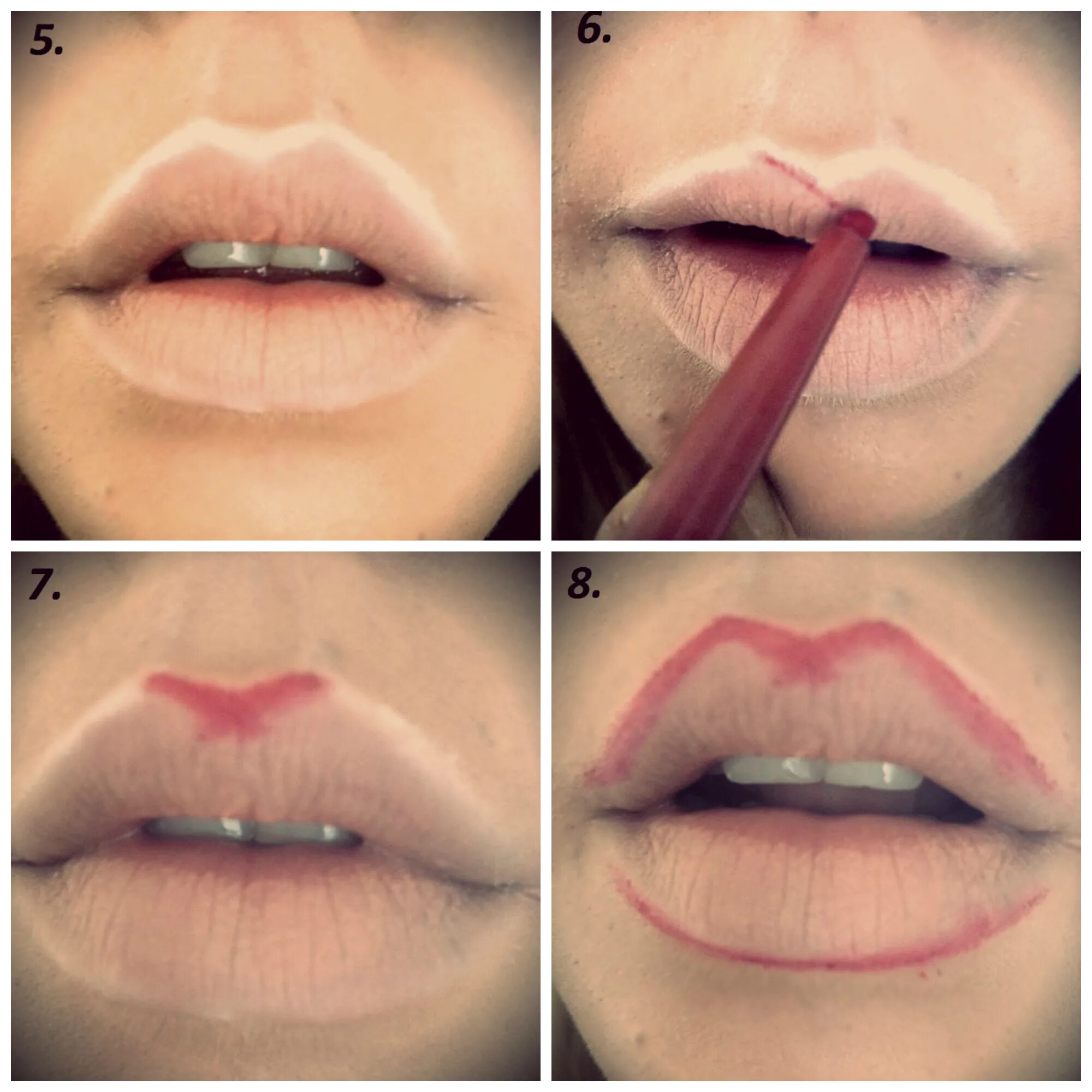 Увеличить губы макияжем. Губы накрашенные карандашом. Правильный контур губ. Увеличить губы карандашом.