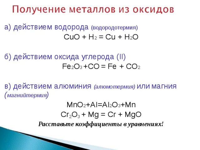 Водород взаимодействует с оксидами металлов. Как из оксида металла получить металл. Получение металлов из оксидов. Как получить оксид металла. Восстановление металлов из оксидов углеродом водородом.