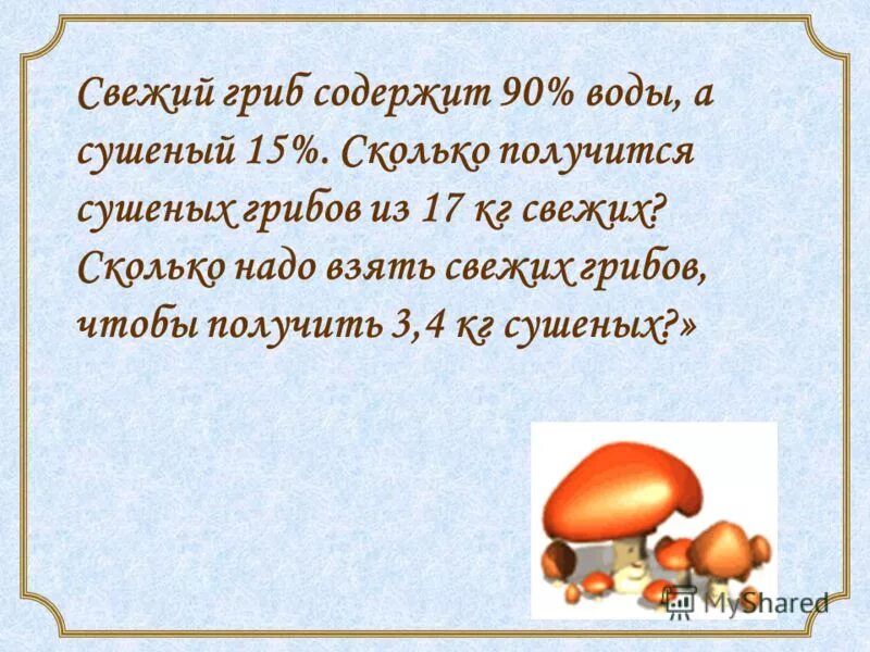 Свежесобранные грибы содержат 95 воды а сухое. Свежие грибы содержат 90.