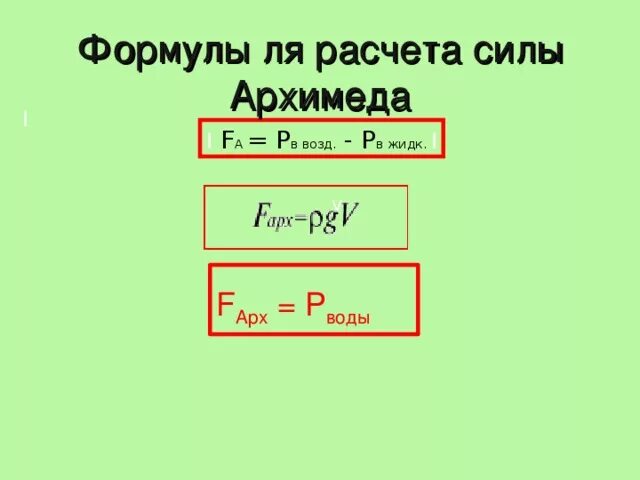 Формула архимедовой силы 7. Сила Архимеда формула 7 класс. Формула силы Архимеда в физике 7 класс. Формула для расчета силы Архимеда. Формула расчета силы.