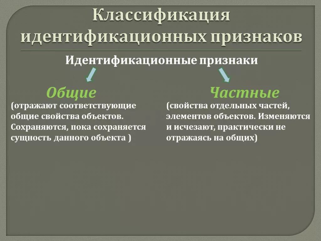 Общие и частные признаки объекта. Общие и частные признаки идентификации. Идентификационные признаки объекта. Идентификационные признаки пример.