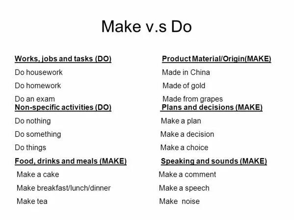 Do work or make work. Make таблица. Make do таблица. Do tasks или make tasks. Make made made таблица.