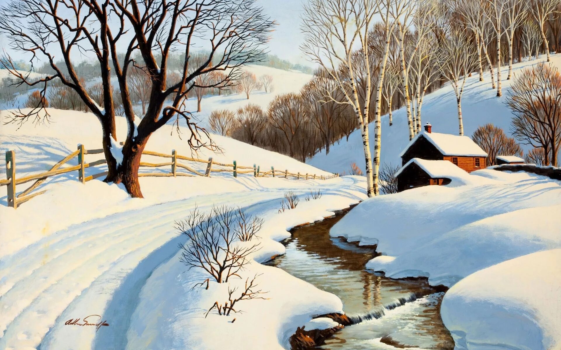Arthur Saron Sarnoff пейзажи. Зимний пейзаж. Весенний пейзаж. Снег сходит с пригорков веселыми ручейками