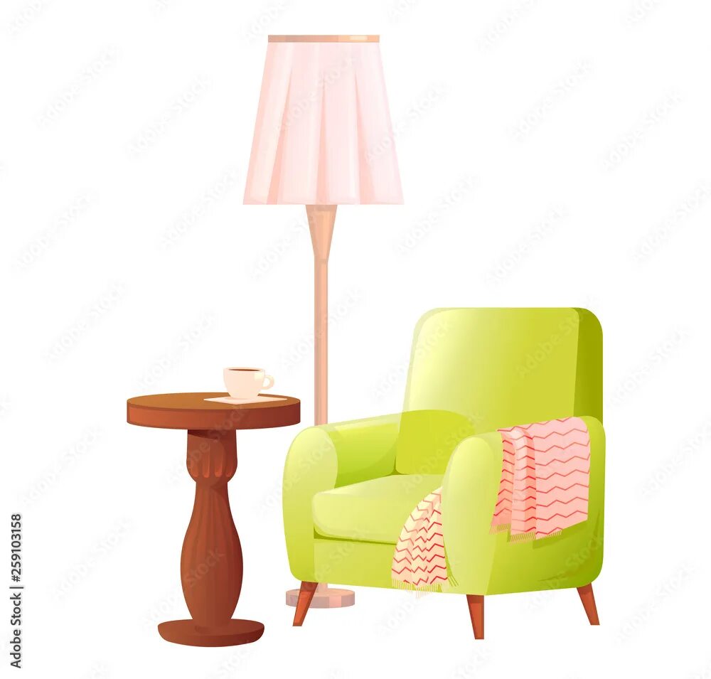 Lamp next to Armchair Flashcard. Sofa next to the Lamp cartoon. Next to the armchair