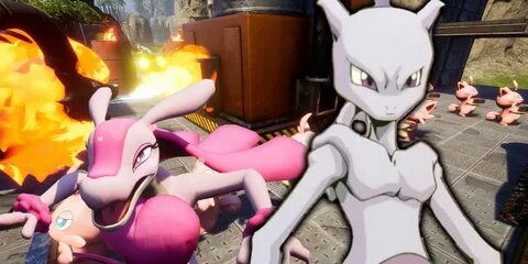 Loveander from Palworld and Mewtwo from Pokemon in front a scene from Palwo...