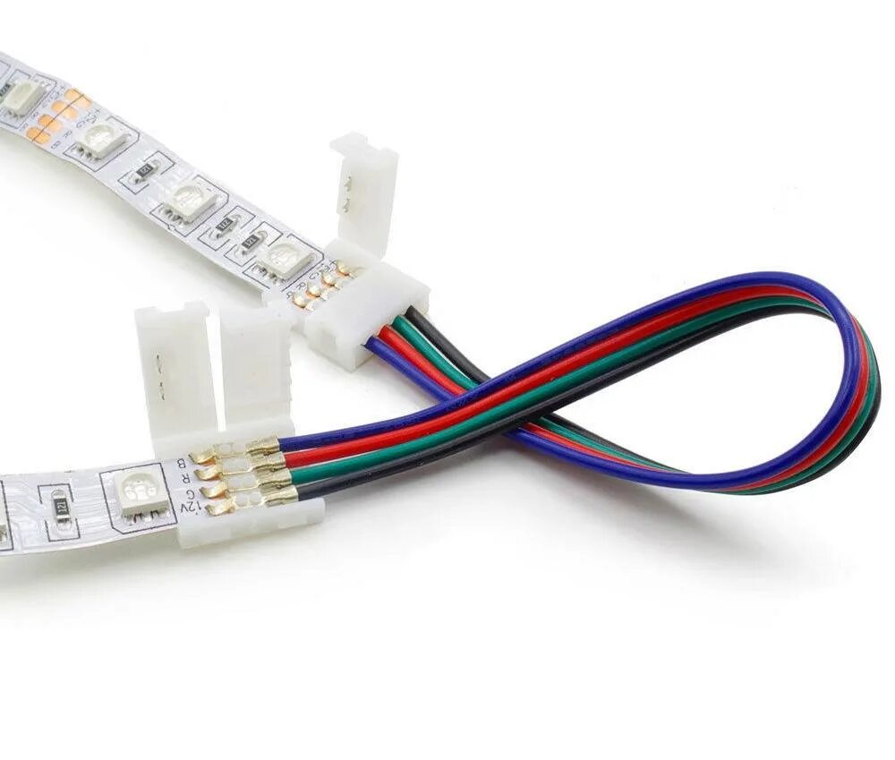 Схема подключения светодиодной ленты с коннектором. Комплект led коннекторов(2 клипсы с проводами) для ленты rgb 12в ip20 10мм. Соединение ргб ленты без пайки. Соединить полоски ткани для коврика. Сечение провода для соединения светодиодной ленты 12 вольт.