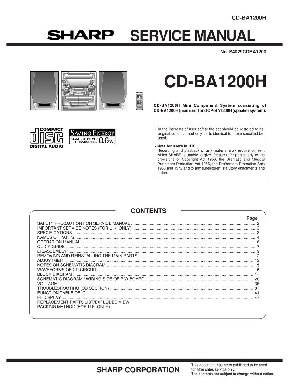 Cd ba. Sharp CD ba1200. Sharp CD bp1500. Sharp al800 service manual. Sharp RT-1200h service manual.