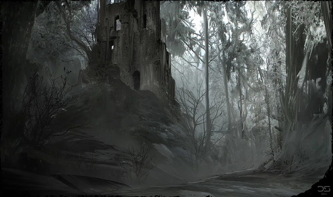 руины в туманном лесу. заброшенный замок в лесу. эндерал разрушенный монастырь. Dark souls концепт арт локации. лес концепт арт.