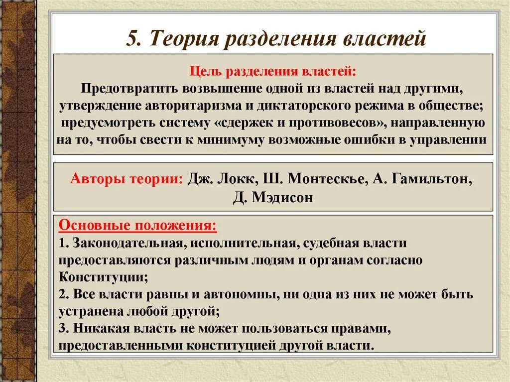 Основной власти. Цель теории разделения властей. Задачи теории разделения властей. Теория разделения властей предусматривает деление власти на .... Теория о разделении властей 3 ветви.