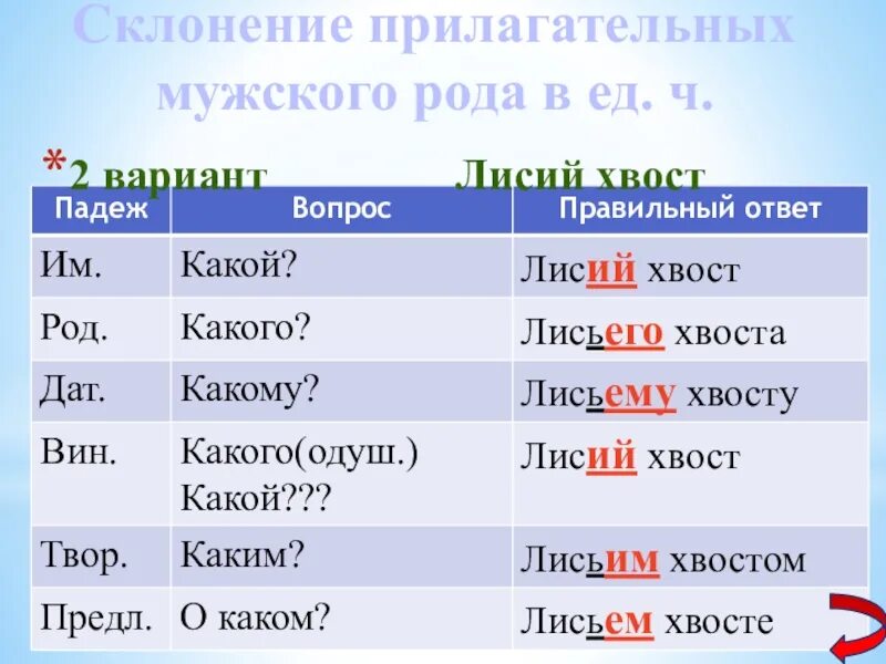 Лисий хвост какое прилагательное. Склонение прилагательных мужского рода. просклонять прилагательное мужского рода. склонение имен прилагательных мужского и среднего рода. склонение прилагательных мужского рода по падежам.