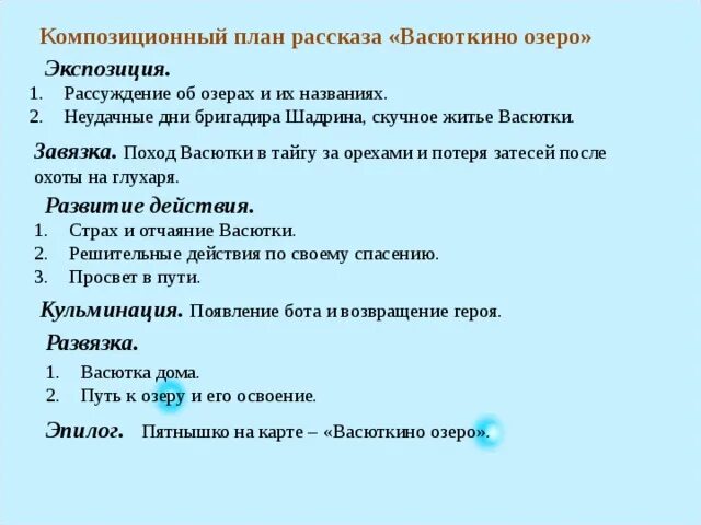 Композиционный план рассказа Васюткино озеро. План Васюткино озеро. Композиционный план Васюткино озеро. План рассказа Васюткино озеро.