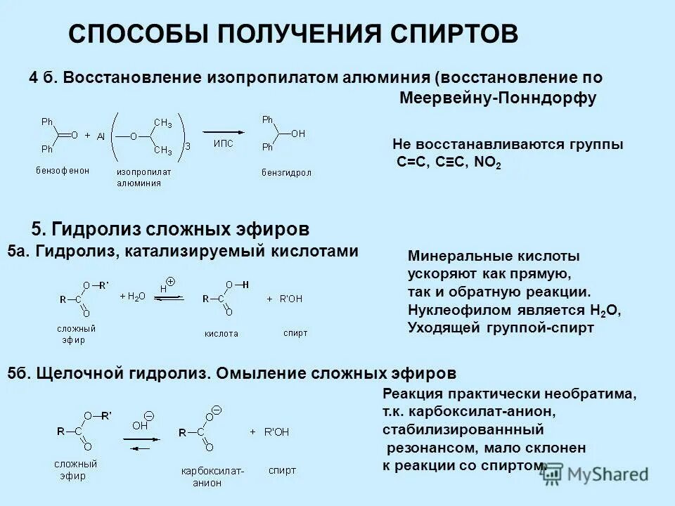 Получение спирта гидролизом. Методы синтеза сложных эфиров. Изопропилат алюминия получение.