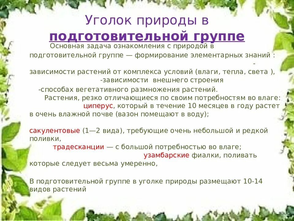 Уголок природы задачи