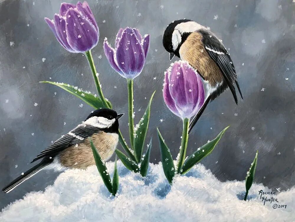 Март день птиц. Весенние цветы в снегу. Птицы весной.