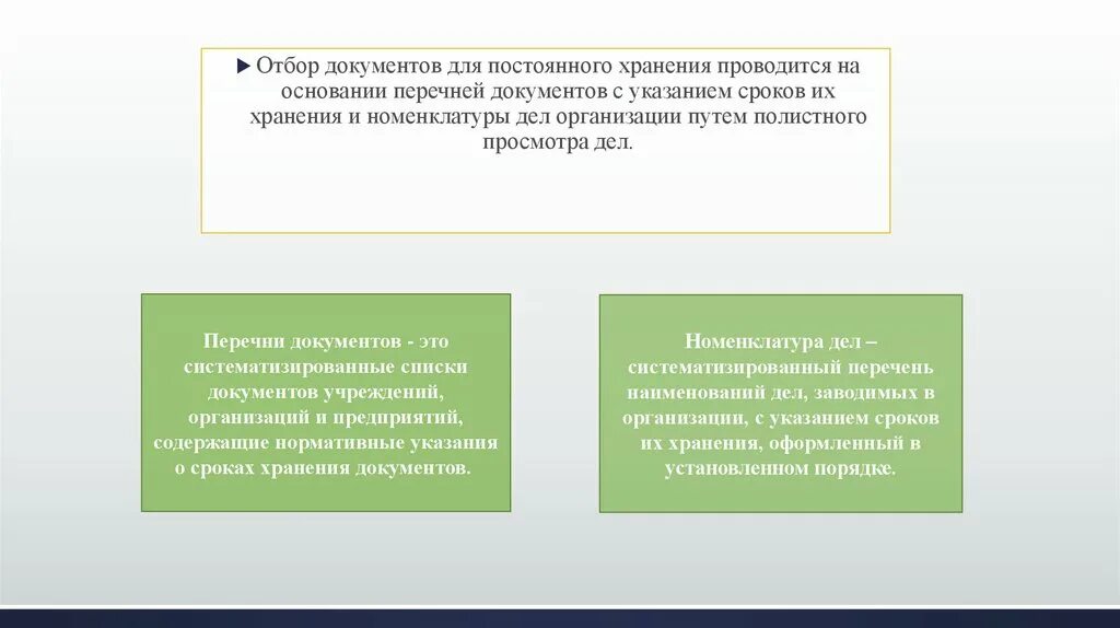 Организация отбора документов. Отбор документов. Принципы отбора документов на хранение. Отбор и прием на постоянное хранение. Полистного просмотра.