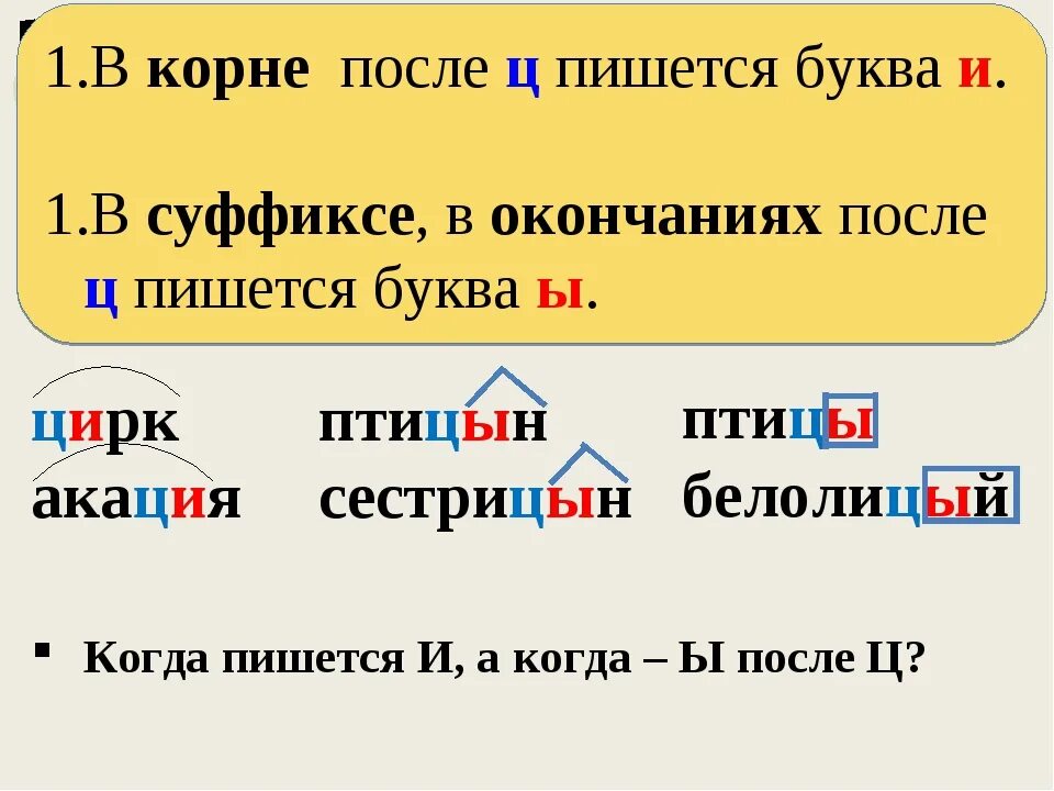 Ц в корнях и суффиксах. Буквы и ы после ц. Написание букв и ы после ц. Буквы и ы в суффиксах и окончаниях после ц. Буквы и ы после ц правило.